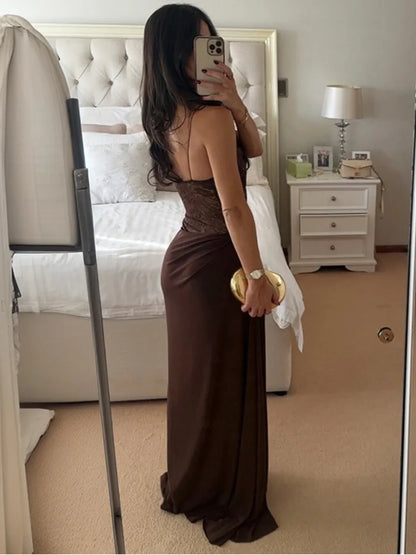 VALORIA | Women’s premium one-shoulder lace maxi dress featuring delicate lace detailing