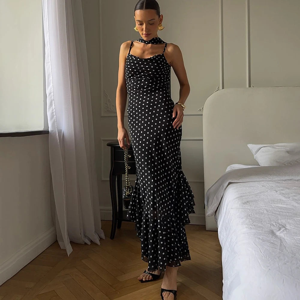 VALORIA | Women’s premium polka dot pleated halter maxi dress with flattering feminine fit