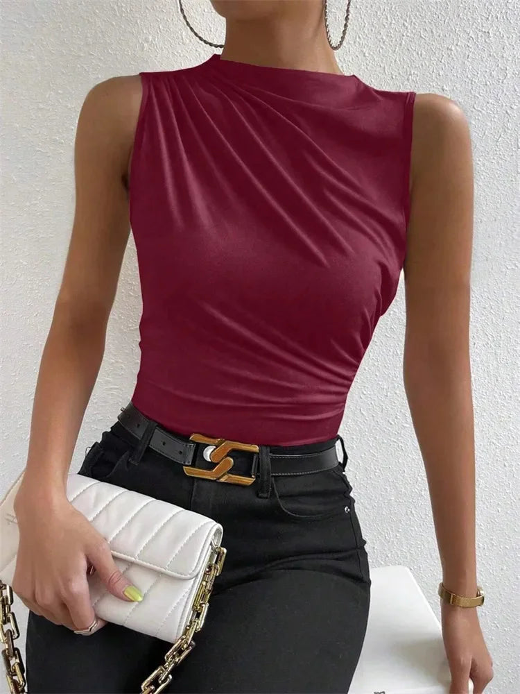 VALORIA | Women’s premium ruched mock neck sleeveless top for business casual 