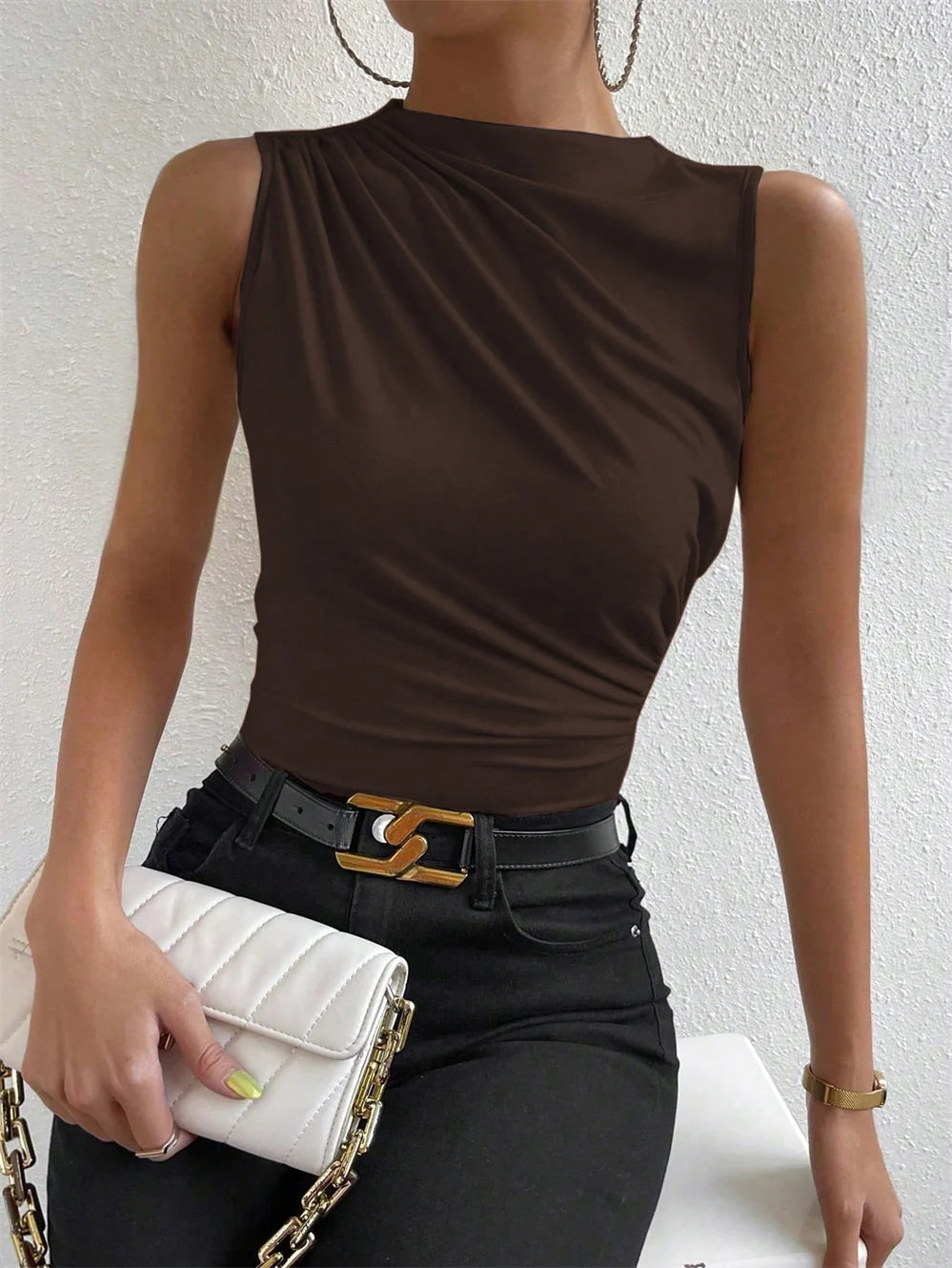 VALORIA | Women’s ruched mock neck sleeveless top designed for timeless elegance and everyday comfort