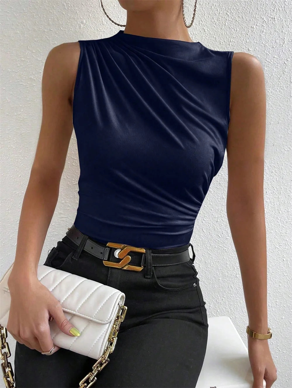 VALORIA | Women’s ruched mock neck sleeveless top perfect for pairing with trousers, skirts 