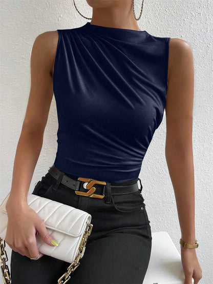 VALORIA | Women’s ruched mock neck sleeveless top perfect for pairing with trousers, skirts 
