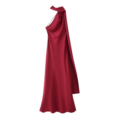 VALORIA | Women’s satin halter backless maxi dress blending modern glamour