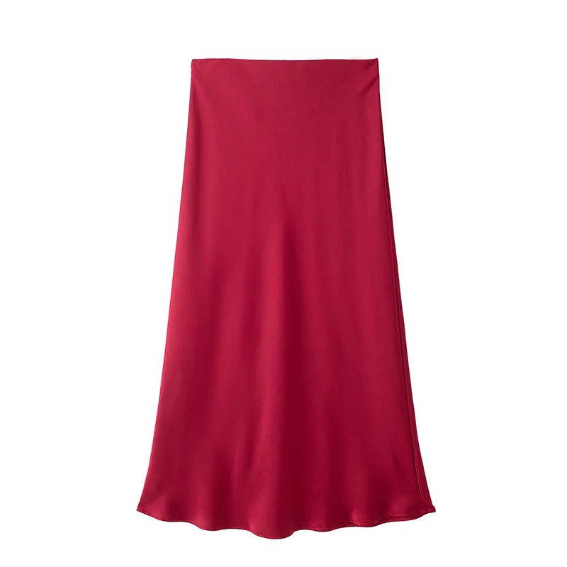 VALORIA | Women’s  satin midi skirt designed for modern elegance and versatile styling