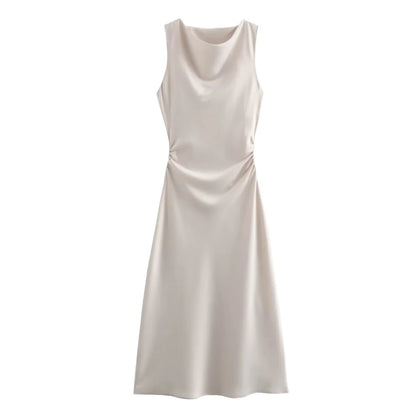 VALORIA | Women’s sophisticated satin midi evening dress pairing beautifully with heels and accessories