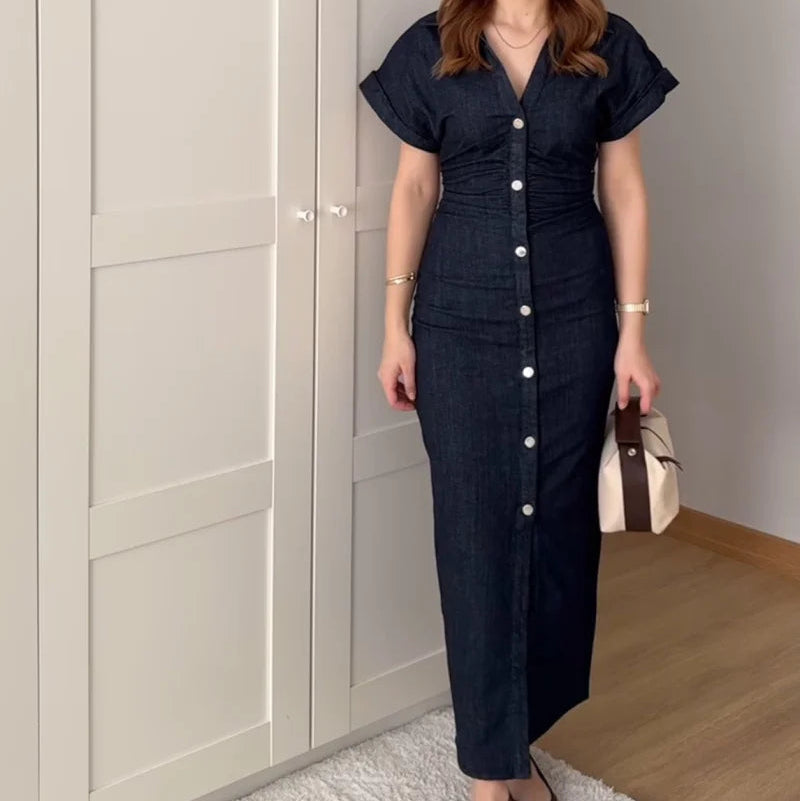 VALORIA | Women’s stylish denim midi shirt dress with button-down front