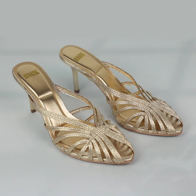 VALORIA | Women’s stylish gold strap heels chic party look
