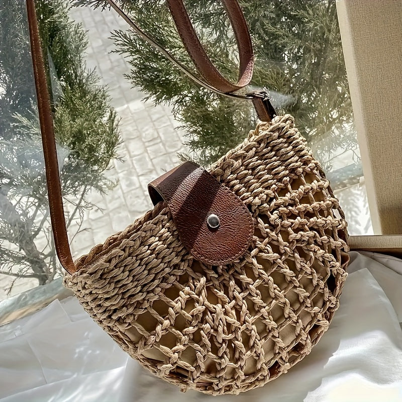VALORIA | Women’s stylish half-moon straw bag woven design