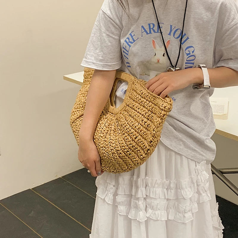 VALORIA | Women’s stylish half moon straw handbag with lightweight natural design