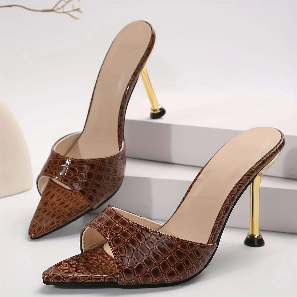 VALORIA | Women’s stylish high heel sandals featuring luxurious crocodile texture design