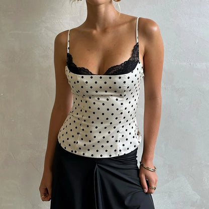 VALORIA | Women’s stylish lace patchwork polka dot cami top feminine design