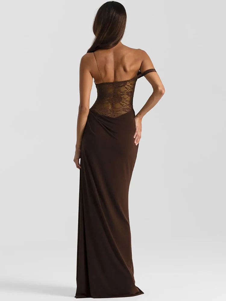 VALORIA | Women’s stylish one-shoulder lace maxi dress for weddings and evening occasions