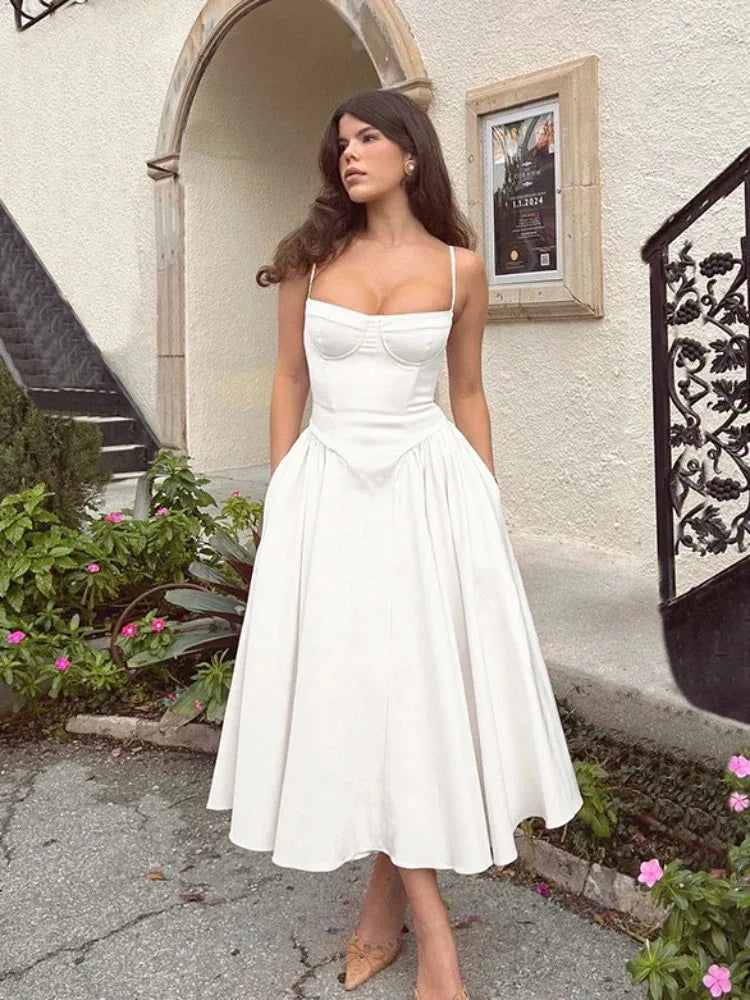 VALORIA | Women’s stylish pleated midi dress with structured corset bodice