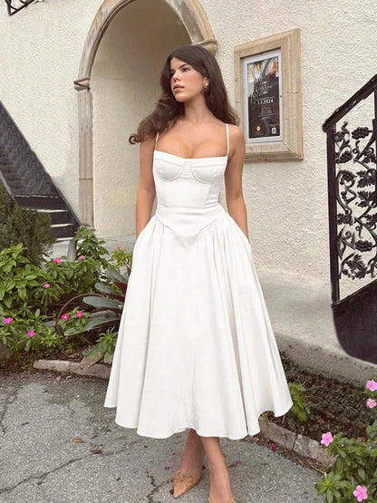 VALORIA | Women’s stylish pleated midi dress with structured corset bodice