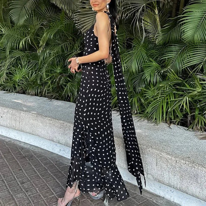 VALORIA | Women’s elegant polka dot pleated halter maxi dress with flowing silhouette