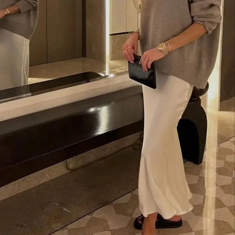 VALORIA | Women’s stylish satin midi skirt with flattering flowing silhouette