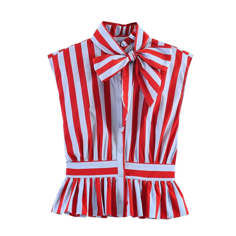 VALORIA | Women’s stylish striped bow sleeveless shirt for office and casual wear