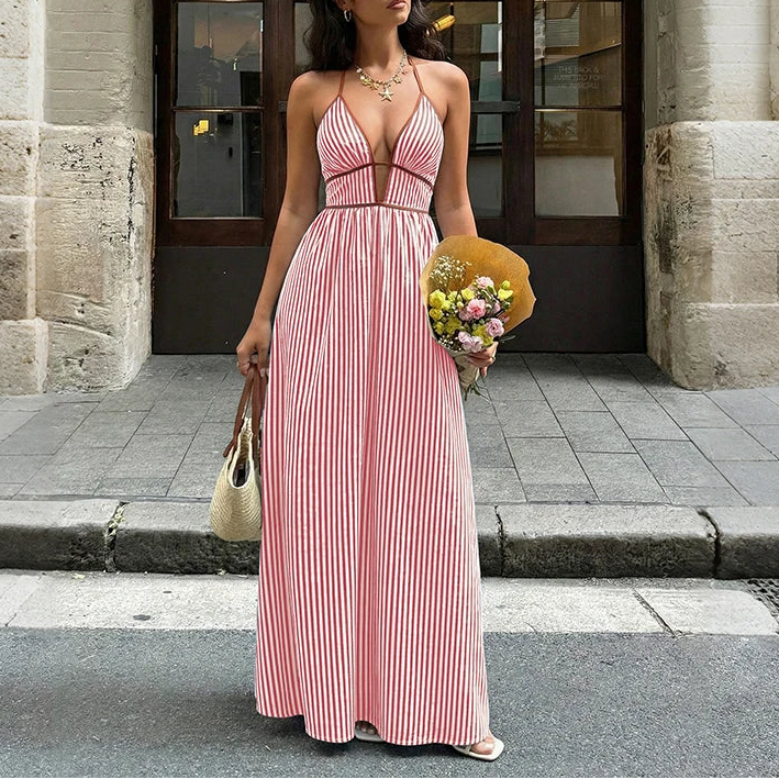 VALORIA | Women’s versatile striped maxi dress ideal for vacations, garden parties and casual elegance