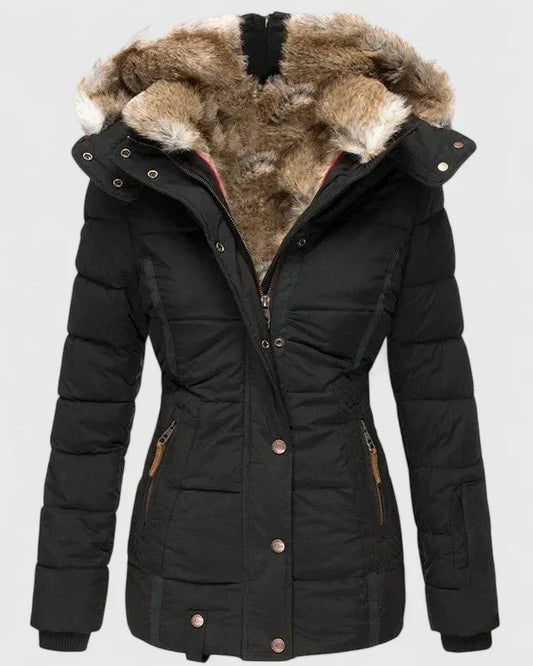 Black winter coat with fur-lined hood on a white background