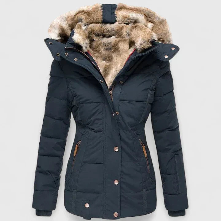 Dark blue winter jacket with fur-lined hood on a light gray background