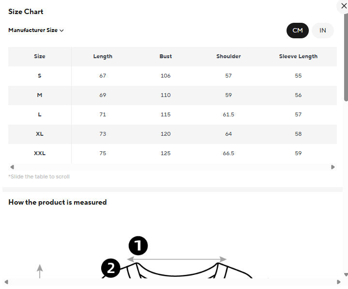 size chart for men's valoria sweater 