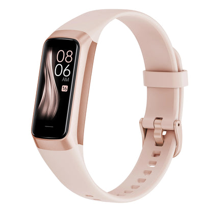 Rose gold fitness tracker with a digital display on a white background