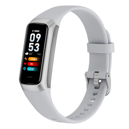 White fitness tracker with a digital display on a white background