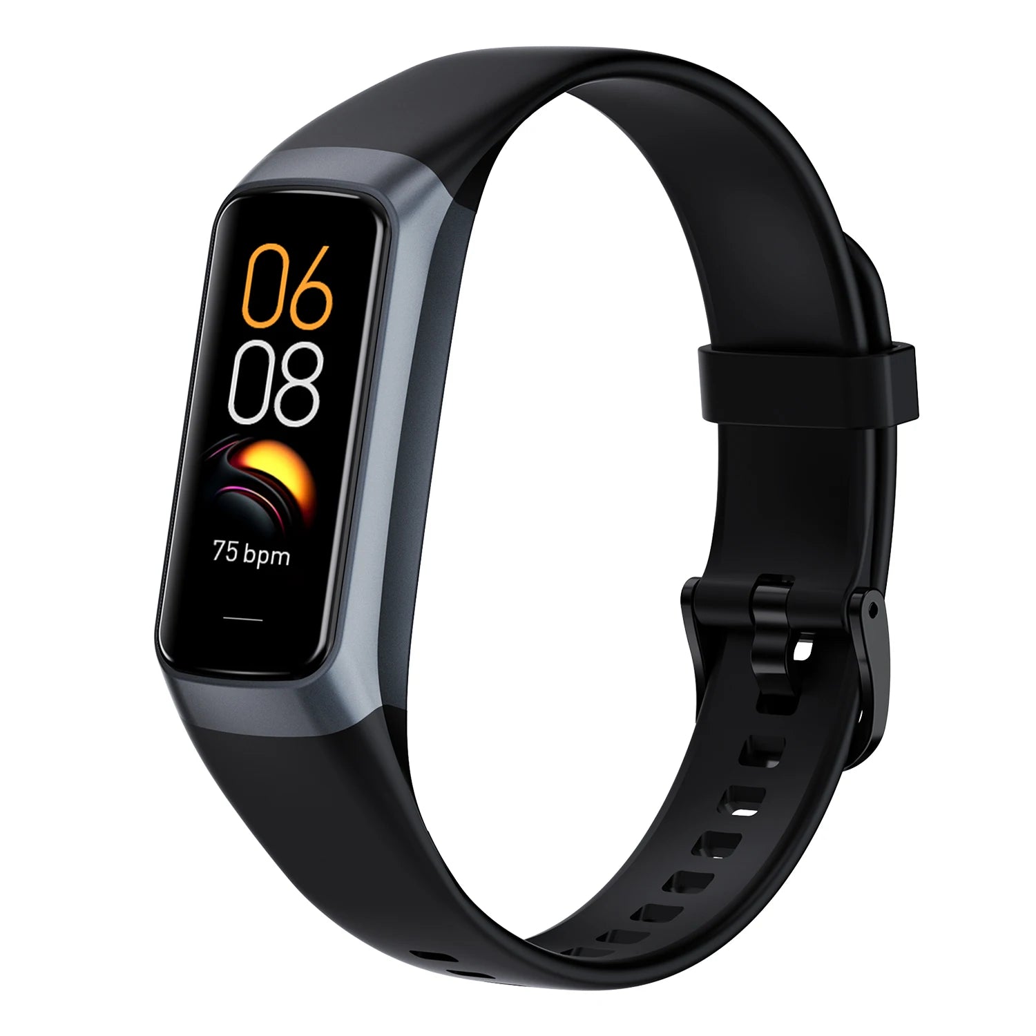 Black smartwatch with a digital display on a white background
