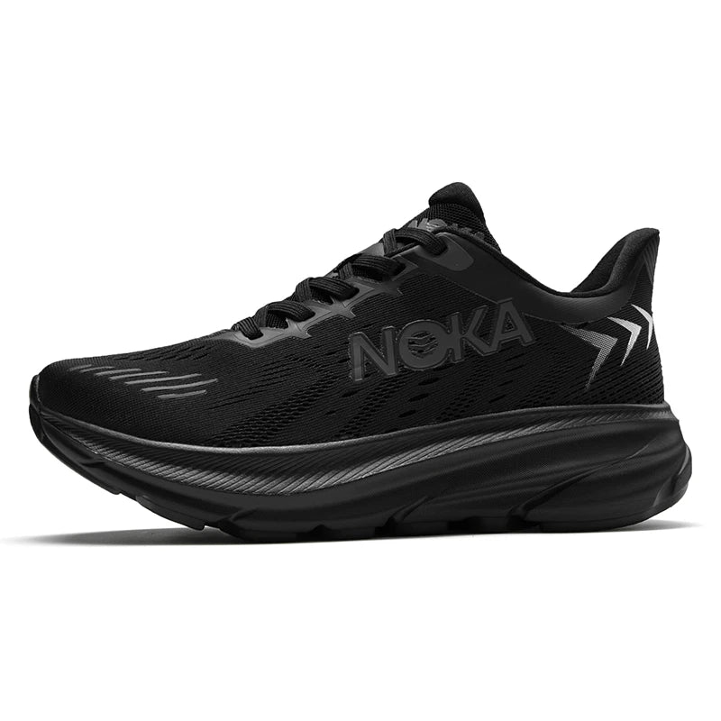 Black running shoe with 'Noka' branding on a white background