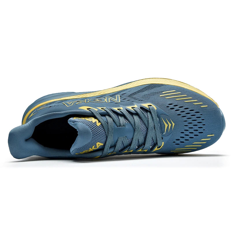 Blue running shoe with yellow accents on a white background