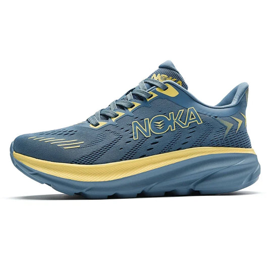 Blue running shoe with yellow accents on a white background