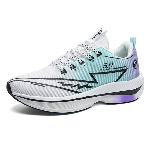 White running shoe with blue accents on a white background