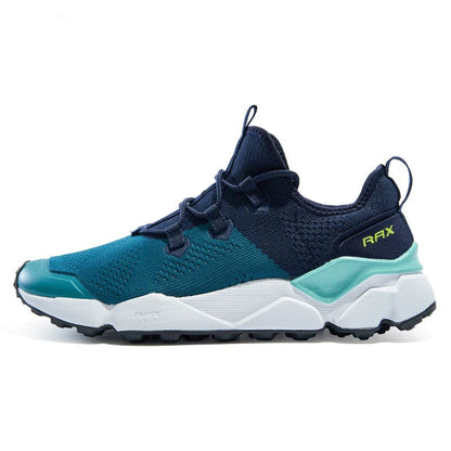 Blue and green athletic shoe with RAX branding on a white background