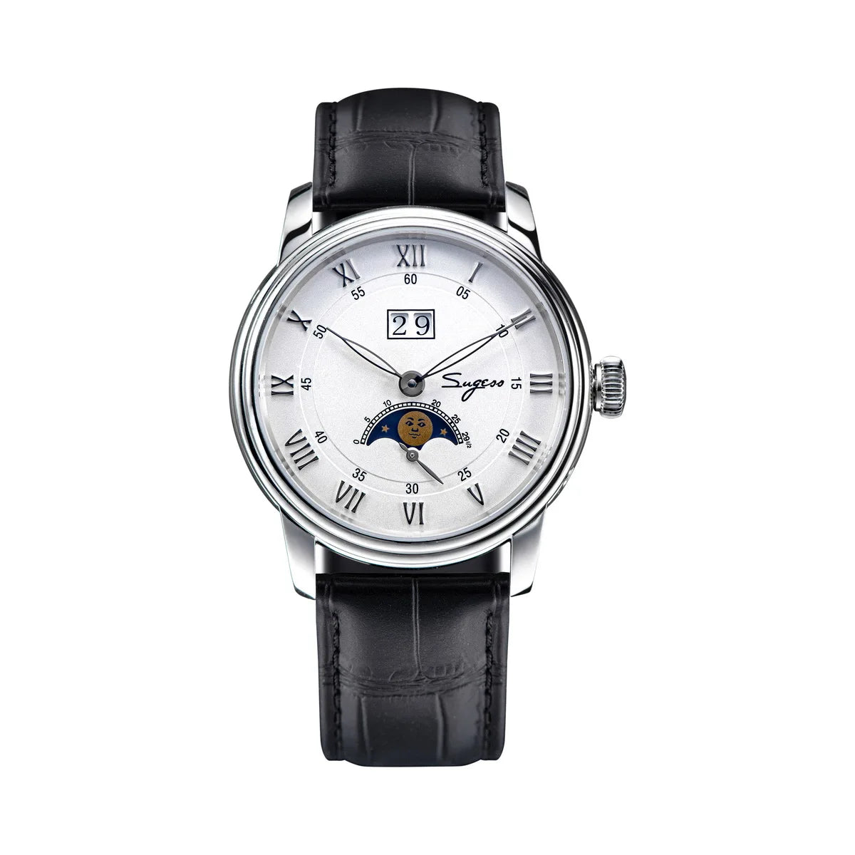 Watch with black leather strap and white face on a white background