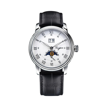 Watch with black leather strap and white face on a white background