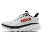 White running shoe with black and orange accents on a white background