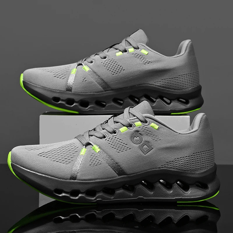 Gray running shoes with green accents on a reflective surface and dark background