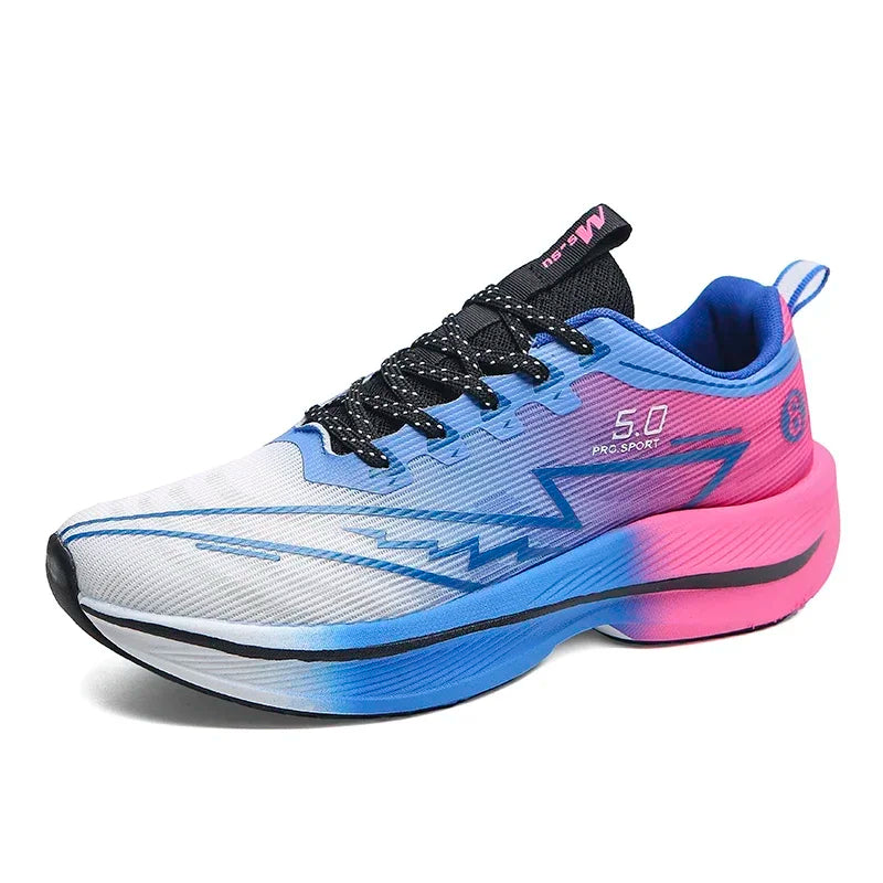 Multicolored running shoe with blue, pink, and white design on a white background