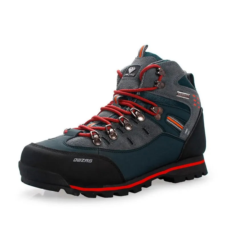 Hiking boot with red laces on a white background