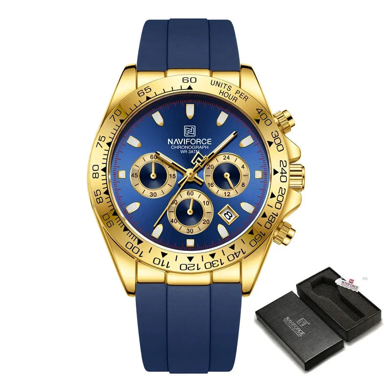 Naviforce watch with blue strap and gold casing on a white background