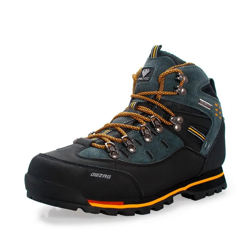 Hiking boot with orange laces and accents on a white background