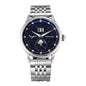 Silver watch with a dark blue face on a white background
