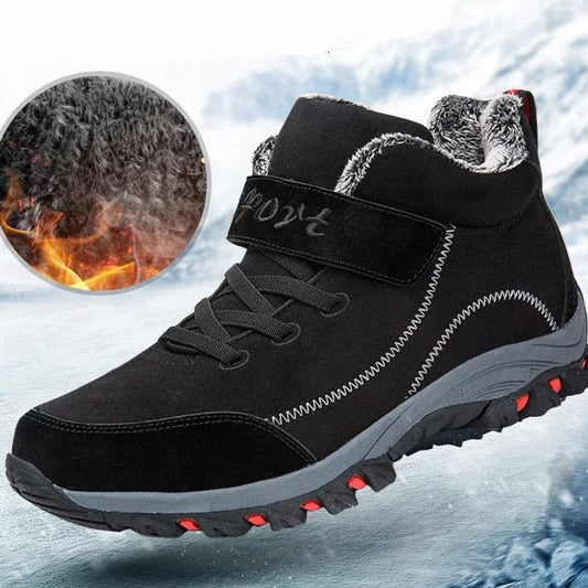 Black winter boot with gray fur lining and close-up of fur texture on a snowy background