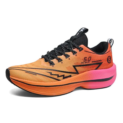 Orange and pink running shoe with black accents on a white background