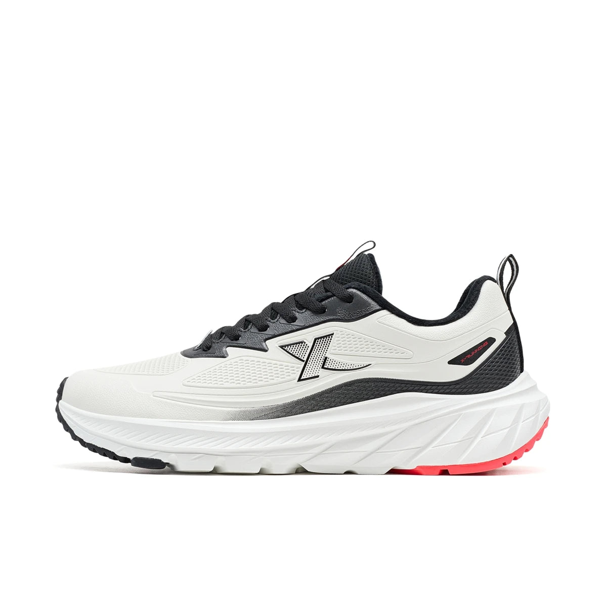 White and black running shoe with red accents on a white background