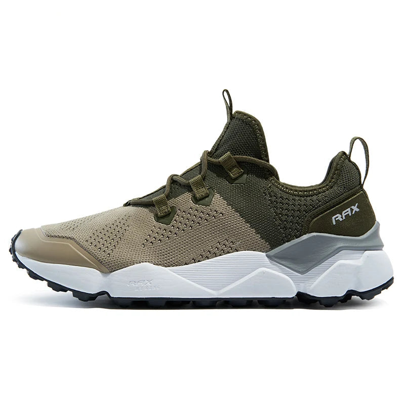 Brown and green RAX sneaker on a white background