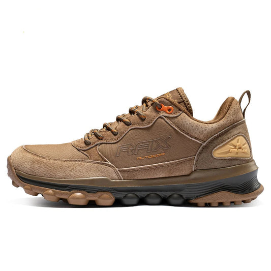 Brown hiking shoe with RAX logo on a white background