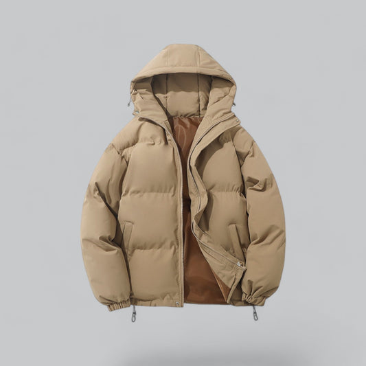 Beige puffer jacket with a hood on a light gray background