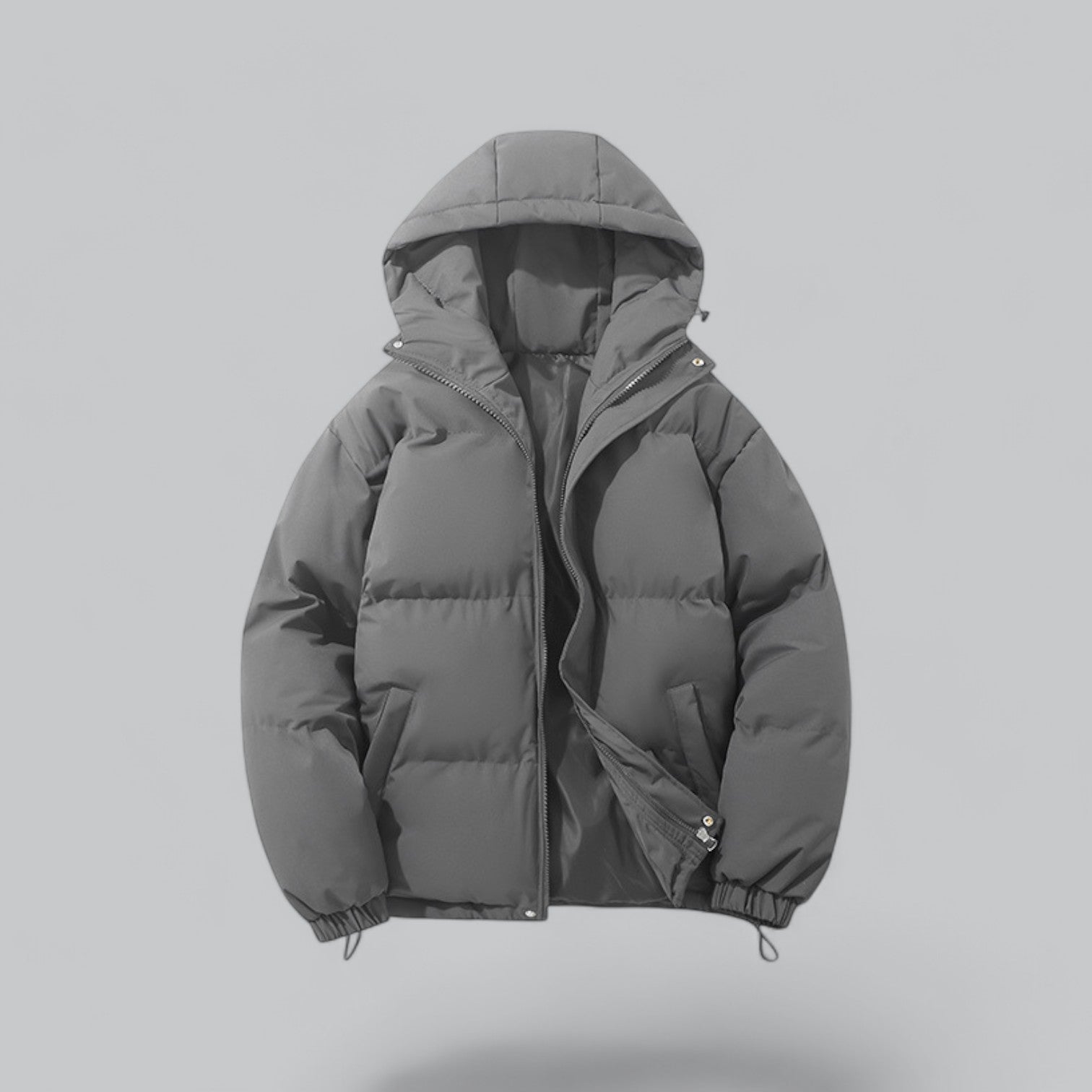 Gray puffer jacket on a light gray background