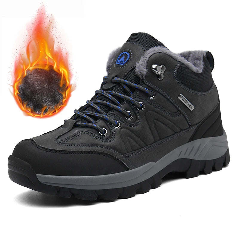 Black winter boot with fur lining and flame graphic on a white background